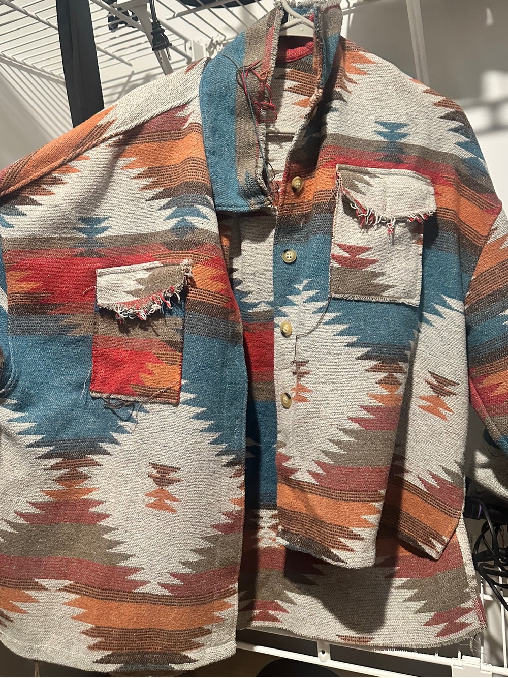 Southwestern Pattern Button-Up Jacket — Blue, Red, Orange